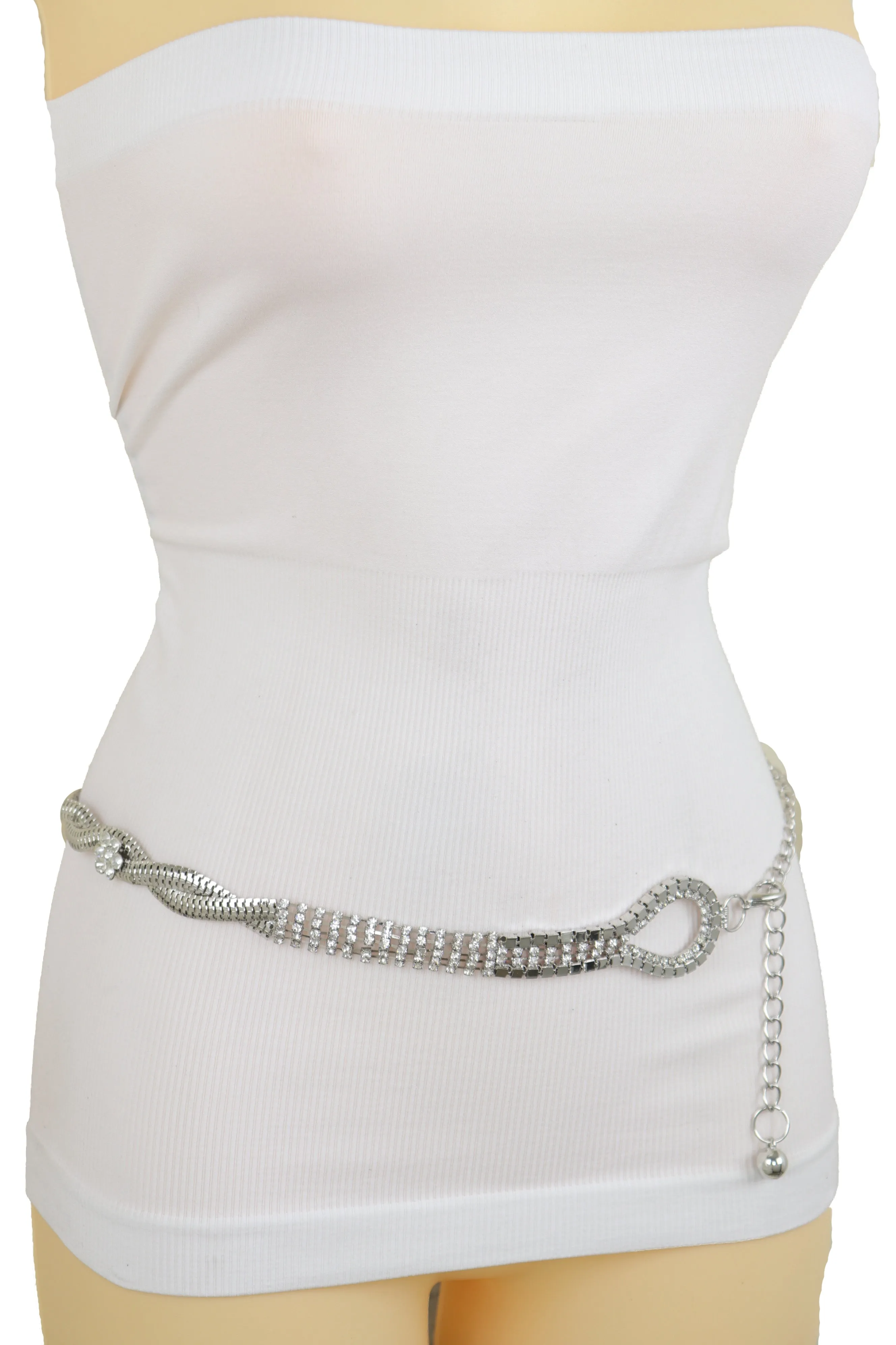 Women Waist Hip Silver Metal Chain Braided Band Belt Bling Flower Charm S M L