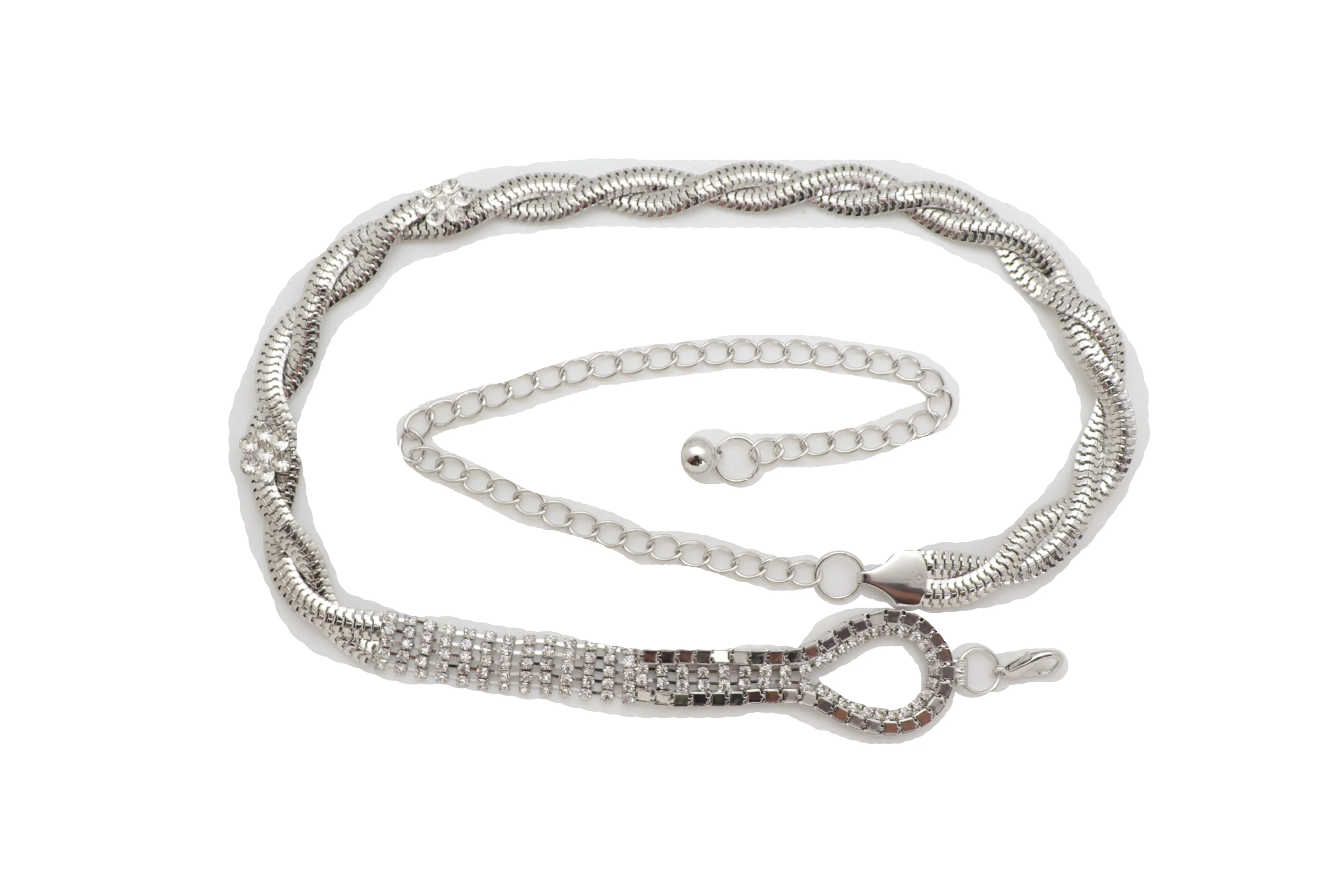 Women Waist Hip Silver Metal Chain Braided Band Belt Bling Flower Charm S M L
