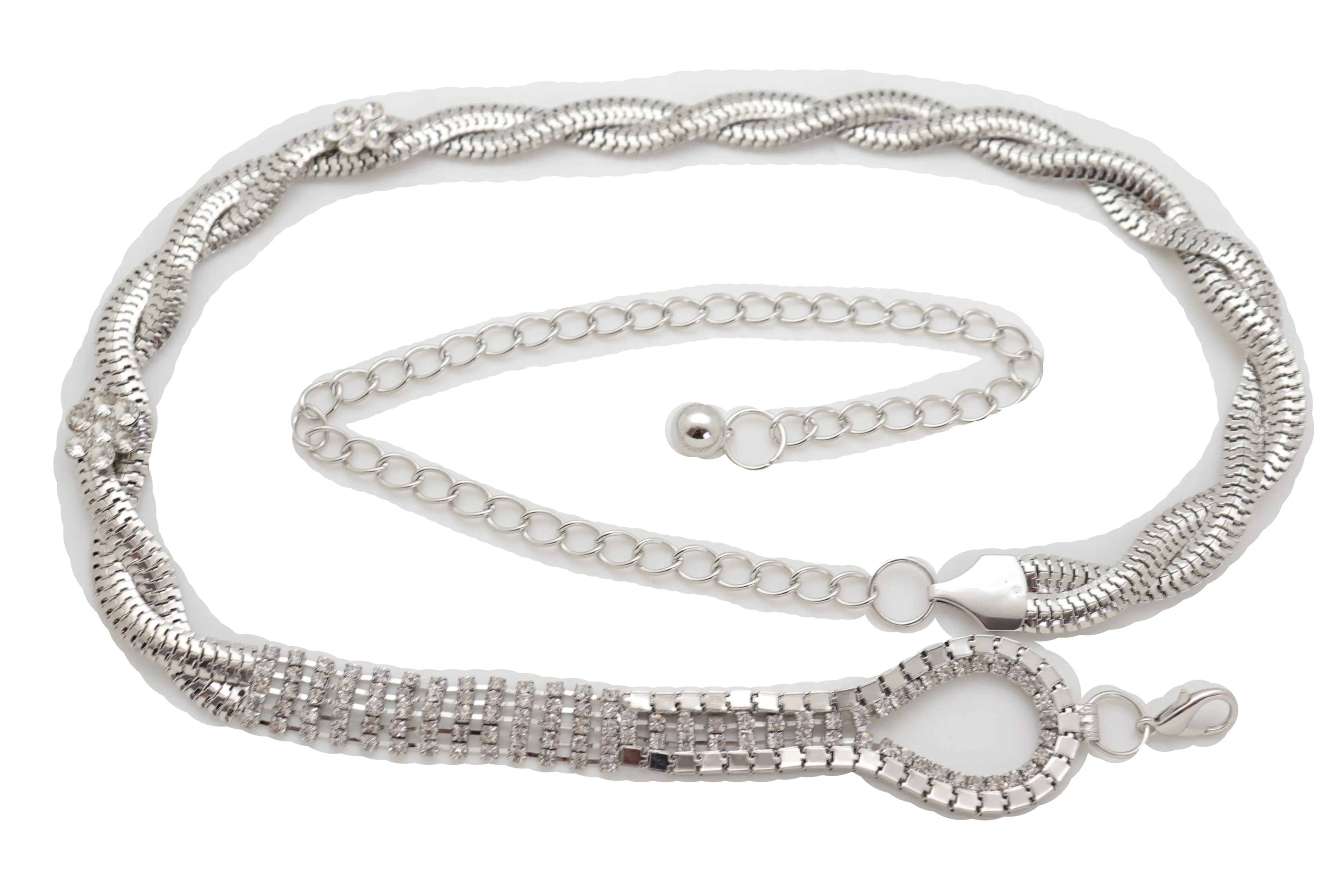 Women Waist Hip Silver Metal Chain Braided Band Belt Bling Flower Charm S M L