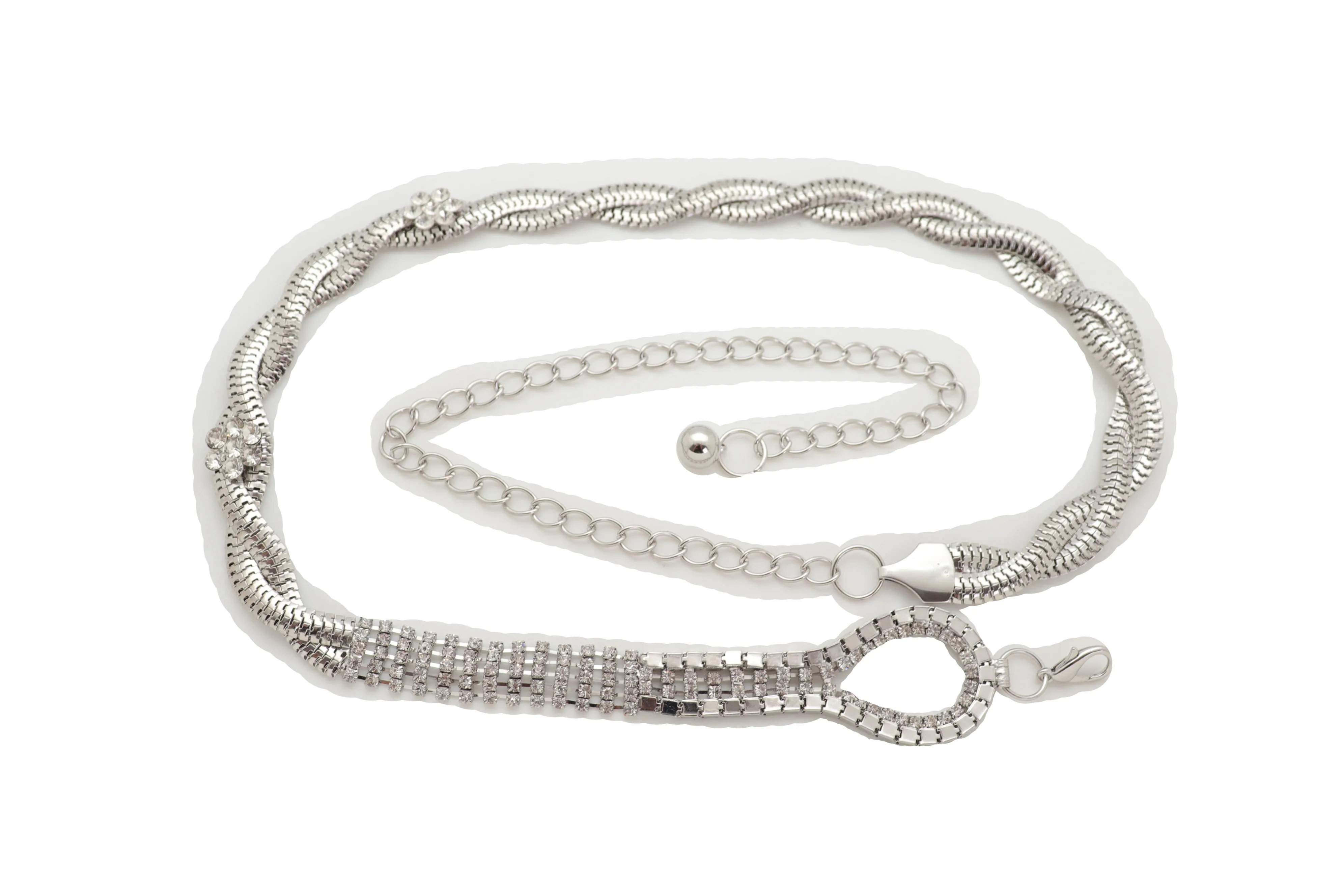 Women Waist Hip Silver Metal Chain Braided Band Belt Bling Flower Charm S M L