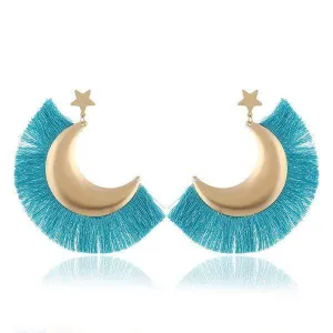 Womens Gold Tone Turquoise Fringe Crescent Earrings