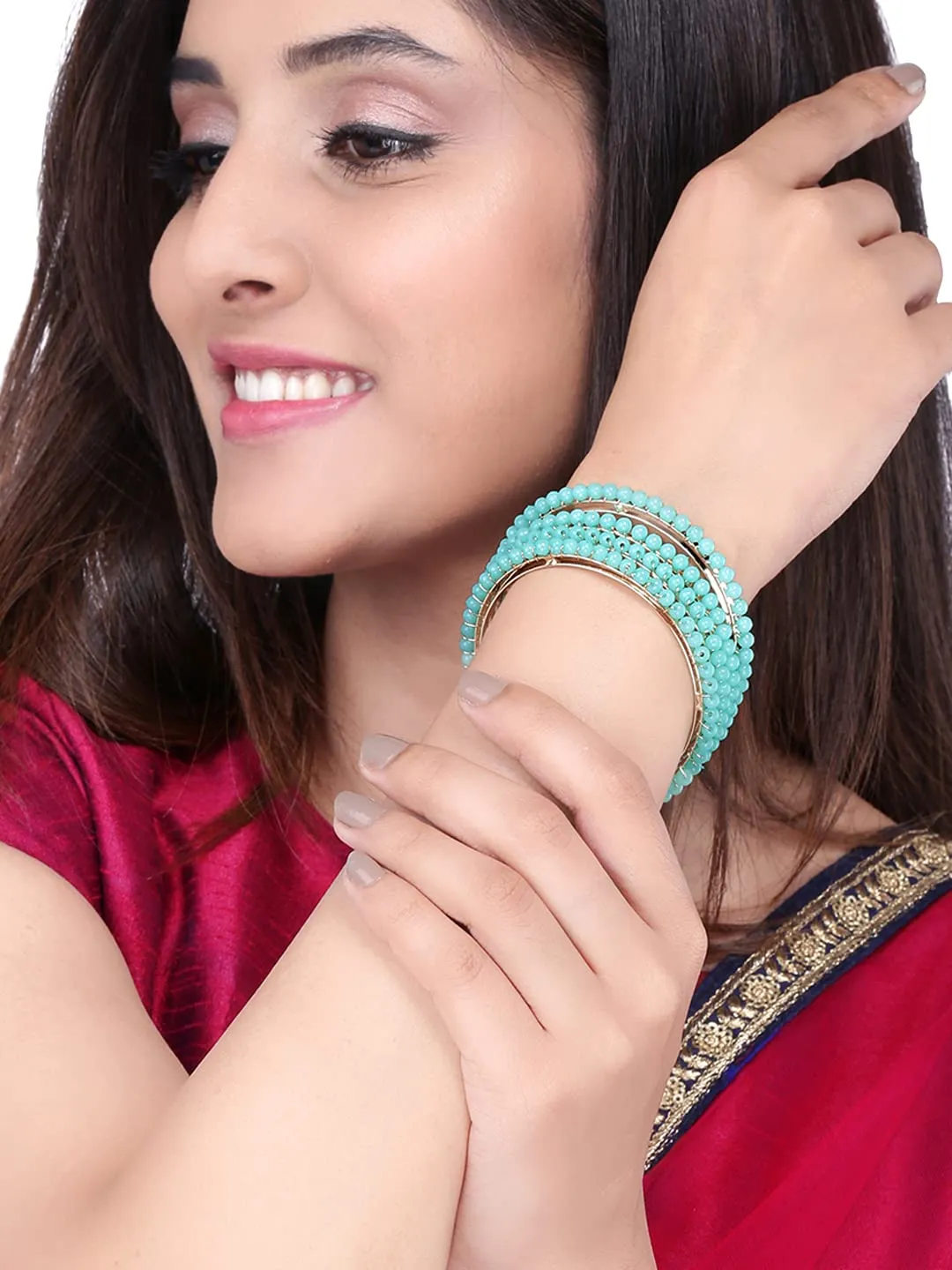 Yellow Chimes Classic Design Handcrafted Beads Studded Gold Plated 4 Pcs Green Beaded Bangles Set For Women & Girls (2.8) (2.6)